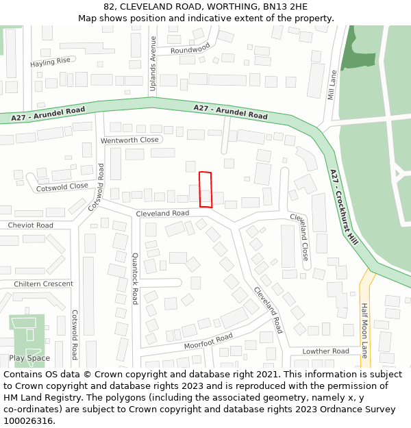 82, CLEVELAND ROAD, WORTHING, BN13 2HE: Location map and indicative extent of plot