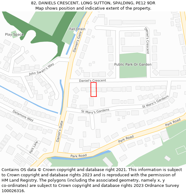 82, DANIELS CRESCENT, LONG SUTTON, SPALDING, PE12 9DR: Location map and indicative extent of plot