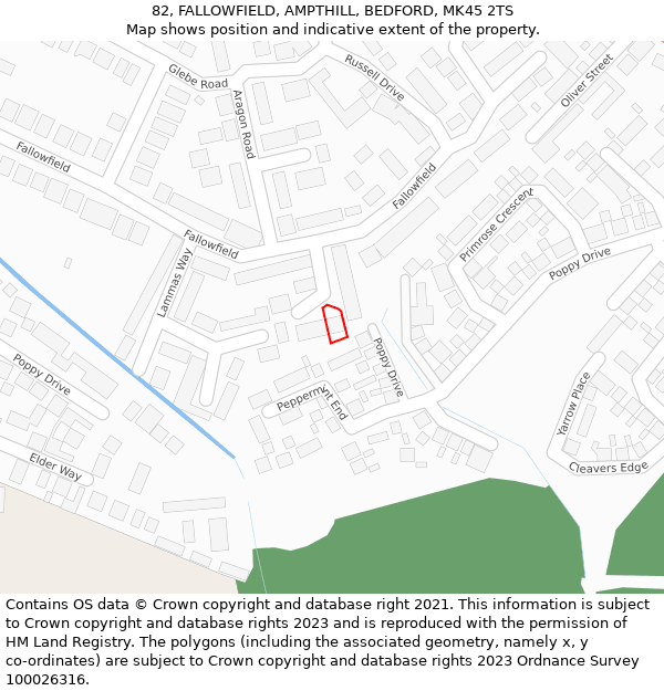 82, FALLOWFIELD, AMPTHILL, BEDFORD, MK45 2TS: Location map and indicative extent of plot