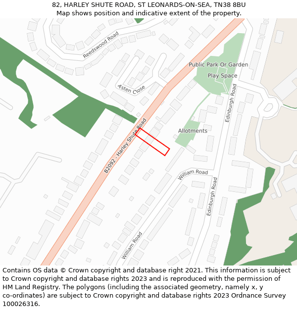 82, HARLEY SHUTE ROAD, ST LEONARDS-ON-SEA, TN38 8BU: Location map and indicative extent of plot