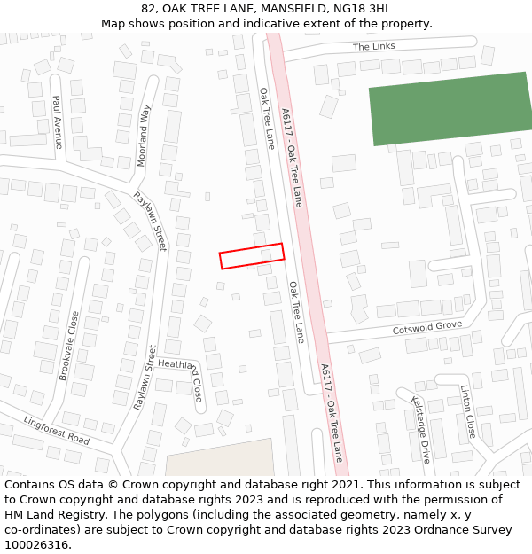 82, OAK TREE LANE, MANSFIELD, NG18 3HL: Location map and indicative extent of plot