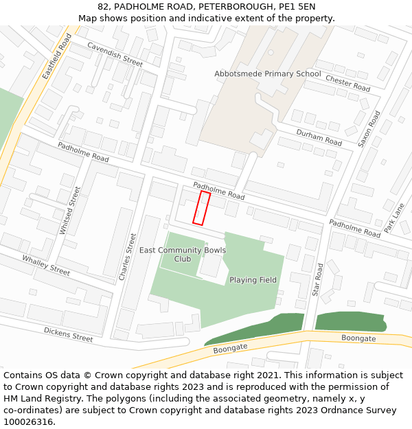 82, PADHOLME ROAD, PETERBOROUGH, PE1 5EN: Location map and indicative extent of plot