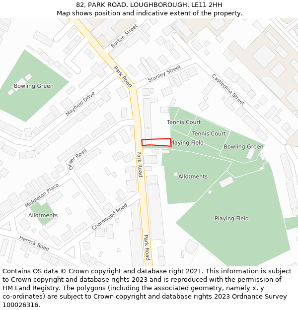 82, PARK ROAD, LOUGHBOROUGH, LE11 2HH: Location map and indicative extent of plot