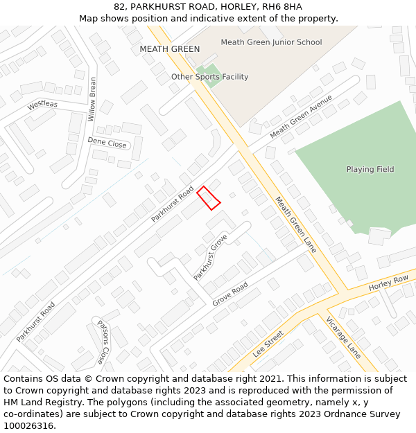 82, PARKHURST ROAD, HORLEY, RH6 8HA: Location map and indicative extent of plot