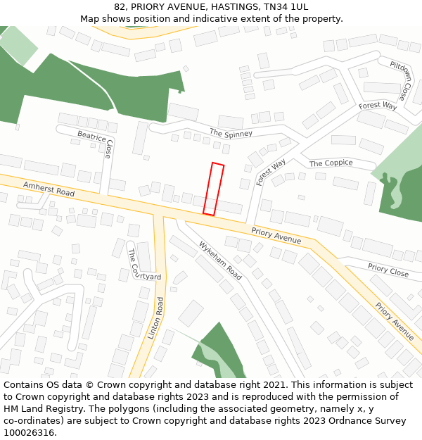 82, PRIORY AVENUE, HASTINGS, TN34 1UL: Location map and indicative extent of plot