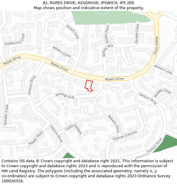 82, ROPES DRIVE, KESGRAVE, IPSWICH, IP5 2ER: Location map and indicative extent of plot