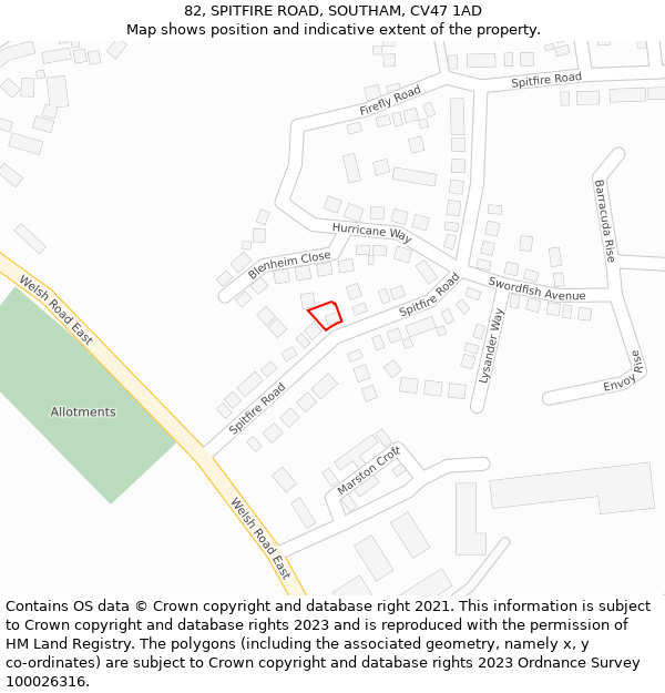 82, SPITFIRE ROAD, SOUTHAM, CV47 1AD: Location map and indicative extent of plot