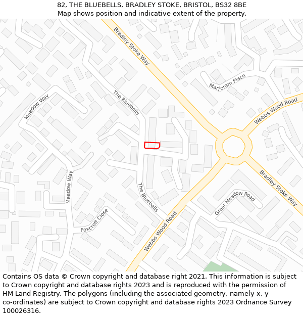82, THE BLUEBELLS, BRADLEY STOKE, BRISTOL, BS32 8BE: Location map and indicative extent of plot