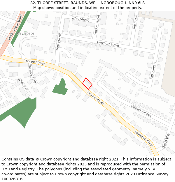 82, THORPE STREET, RAUNDS, WELLINGBOROUGH, NN9 6LS: Location map and indicative extent of plot