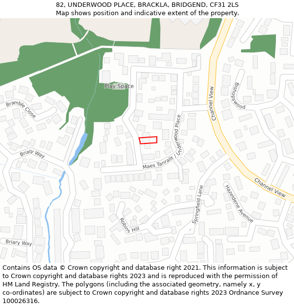 82, UNDERWOOD PLACE, BRACKLA, BRIDGEND, CF31 2LS: Location map and indicative extent of plot
