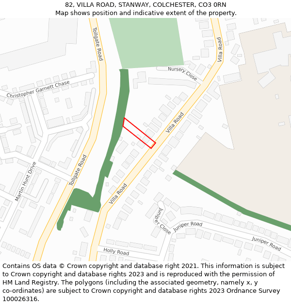 82, VILLA ROAD, STANWAY, COLCHESTER, CO3 0RN: Location map and indicative extent of plot