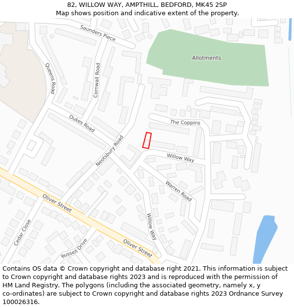 82, WILLOW WAY, AMPTHILL, BEDFORD, MK45 2SP: Location map and indicative extent of plot