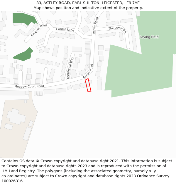 83, ASTLEY ROAD, EARL SHILTON, LEICESTER, LE9 7AE: Location map and indicative extent of plot