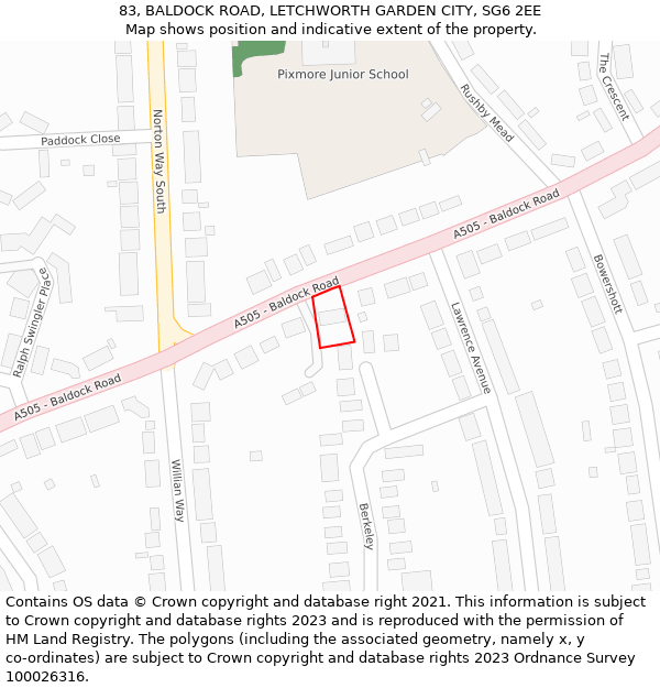 83, BALDOCK ROAD, LETCHWORTH GARDEN CITY, SG6 2EE: Location map and indicative extent of plot