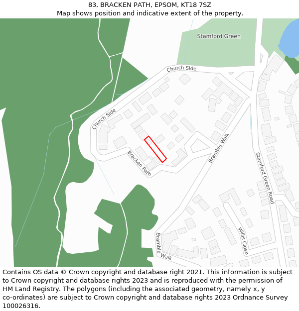 83, BRACKEN PATH, EPSOM, KT18 7SZ: Location map and indicative extent of plot