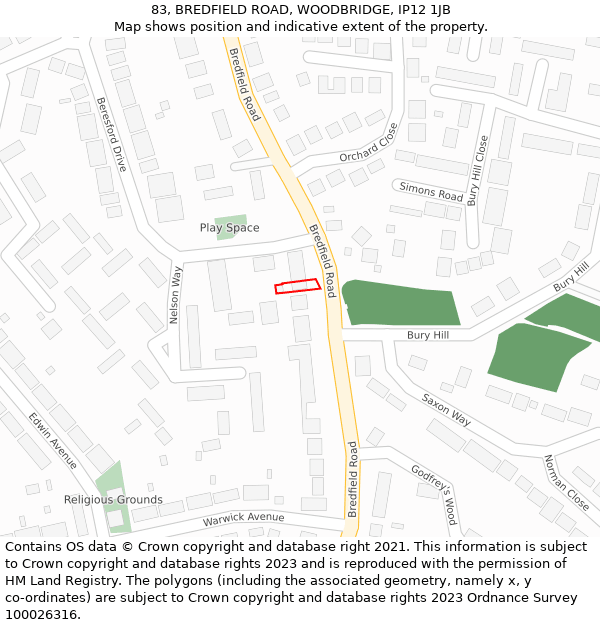 83, BREDFIELD ROAD, WOODBRIDGE, IP12 1JB: Location map and indicative extent of plot