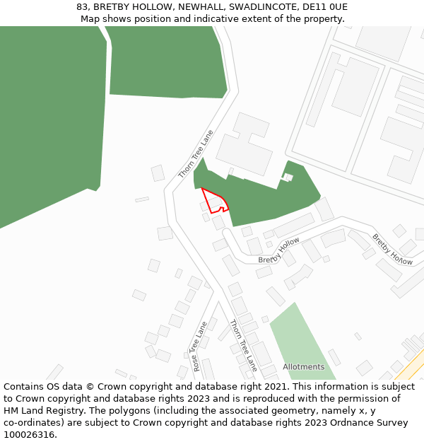 83, BRETBY HOLLOW, NEWHALL, SWADLINCOTE, DE11 0UE: Location map and indicative extent of plot