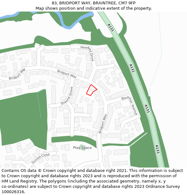 83, BRIDPORT WAY, BRAINTREE, CM7 9FP: Location map and indicative extent of plot