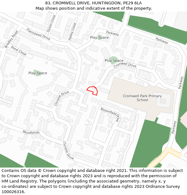 83, CROMWELL DRIVE, HUNTINGDON, PE29 6LA: Location map and indicative extent of plot