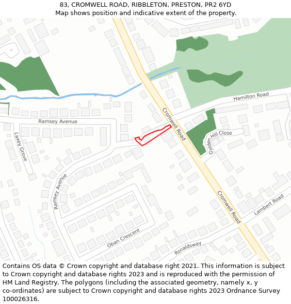 83, CROMWELL ROAD, RIBBLETON, PRESTON, PR2 6YD: Location map and indicative extent of plot
