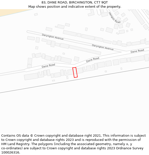 83, DANE ROAD, BIRCHINGTON, CT7 9QT: Location map and indicative extent of plot