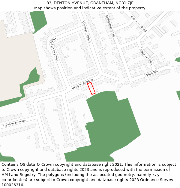 83, DENTON AVENUE, GRANTHAM, NG31 7JE: Location map and indicative extent of plot