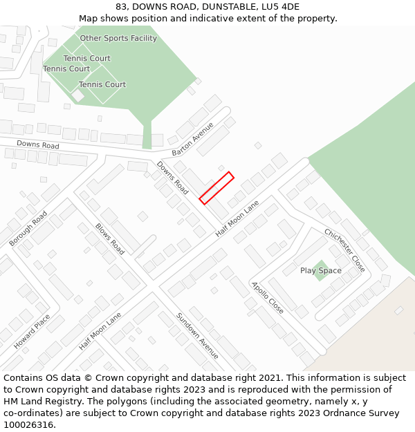 83, DOWNS ROAD, DUNSTABLE, LU5 4DE: Location map and indicative extent of plot