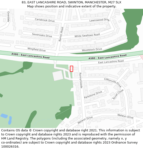 83, EAST LANCASHIRE ROAD, SWINTON, MANCHESTER, M27 5LX: Location map and indicative extent of plot
