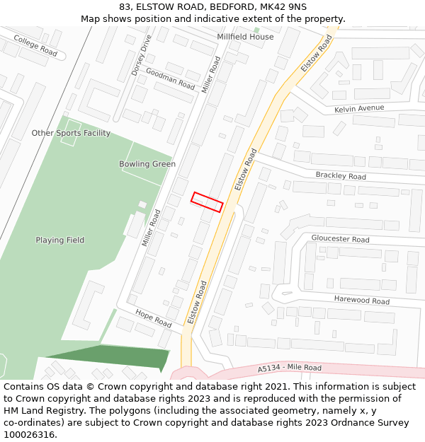 83, ELSTOW ROAD, BEDFORD, MK42 9NS: Location map and indicative extent of plot