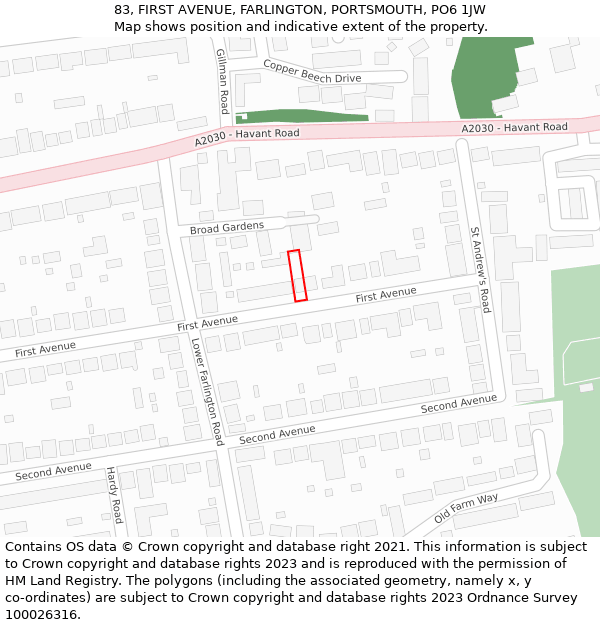 83, FIRST AVENUE, FARLINGTON, PORTSMOUTH, PO6 1JW: Location map and indicative extent of plot