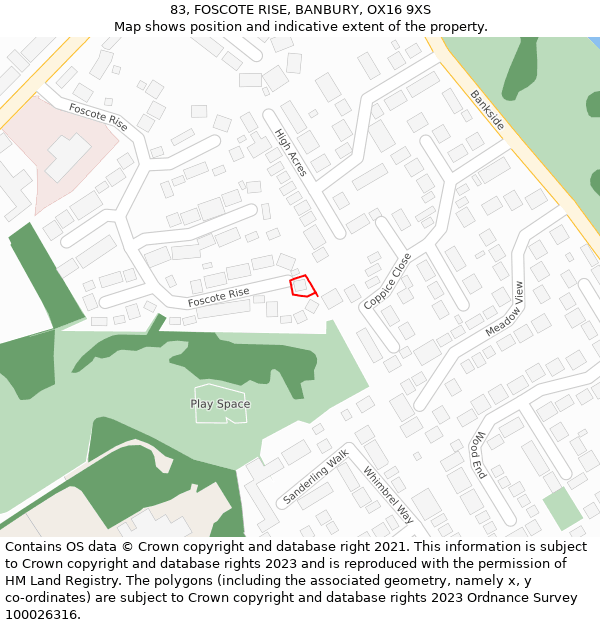 83, FOSCOTE RISE, BANBURY, OX16 9XS: Location map and indicative extent of plot