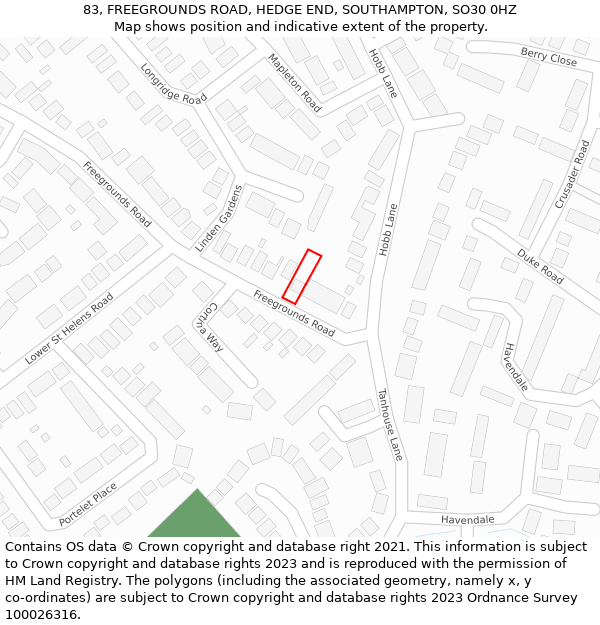 83, FREEGROUNDS ROAD, HEDGE END, SOUTHAMPTON, SO30 0HZ: Location map and indicative extent of plot