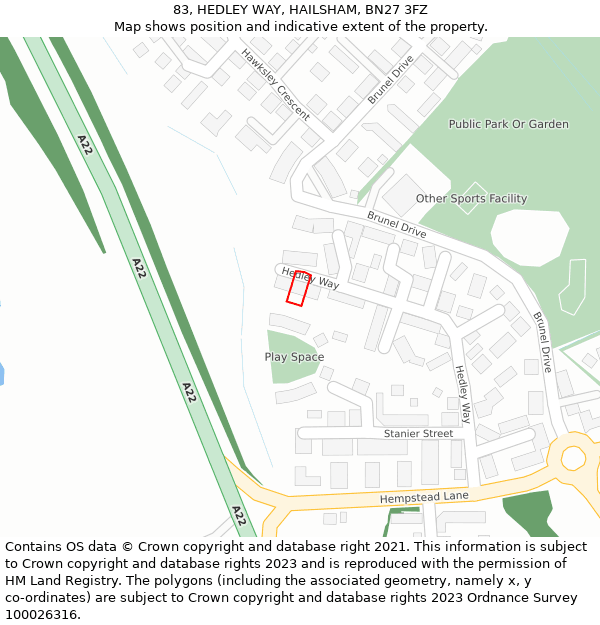 83, HEDLEY WAY, HAILSHAM, BN27 3FZ: Location map and indicative extent of plot