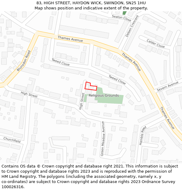 83, HIGH STREET, HAYDON WICK, SWINDON, SN25 1HU: Location map and indicative extent of plot