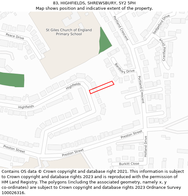 83, HIGHFIELDS, SHREWSBURY, SY2 5PH: Location map and indicative extent of plot