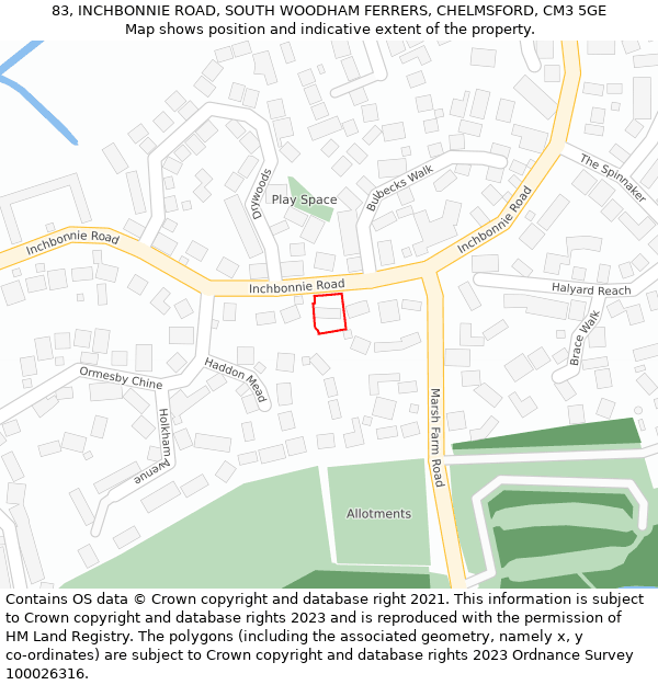 83, INCHBONNIE ROAD, SOUTH WOODHAM FERRERS, CHELMSFORD, CM3 5GE: Location map and indicative extent of plot