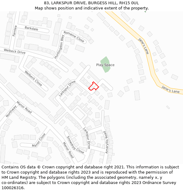 83, LARKSPUR DRIVE, BURGESS HILL, RH15 0UL: Location map and indicative extent of plot