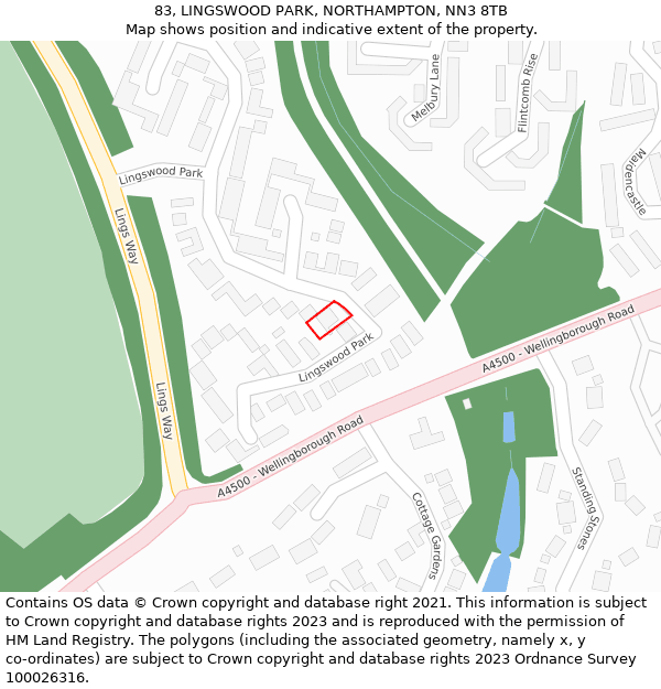 83, LINGSWOOD PARK, NORTHAMPTON, NN3 8TB: Location map and indicative extent of plot