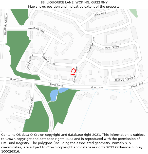 83, LIQUORICE LANE, WOKING, GU22 9NY: Location map and indicative extent of plot