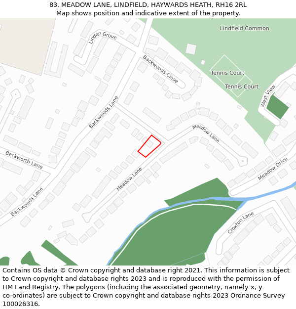 83, MEADOW LANE, LINDFIELD, HAYWARDS HEATH, RH16 2RL: Location map and indicative extent of plot