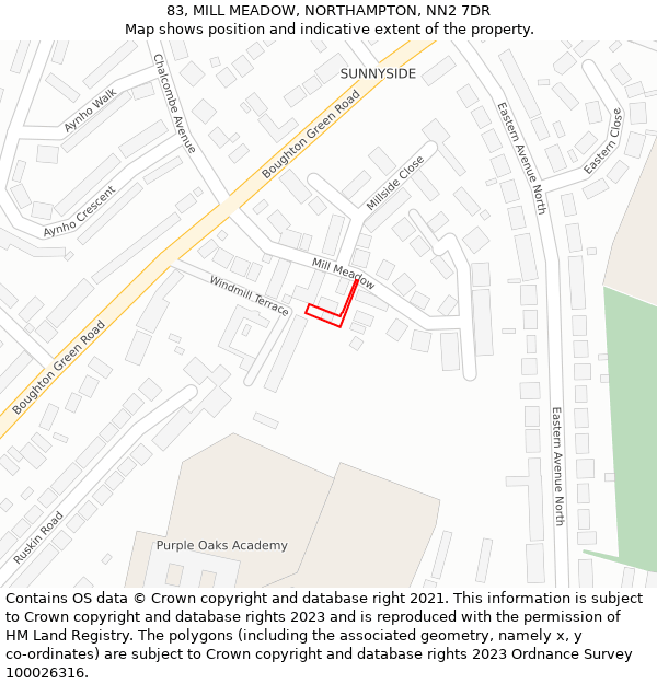 83, MILL MEADOW, NORTHAMPTON, NN2 7DR: Location map and indicative extent of plot