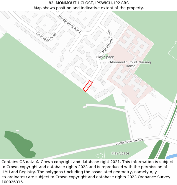 83, MONMOUTH CLOSE, IPSWICH, IP2 8RS: Location map and indicative extent of plot