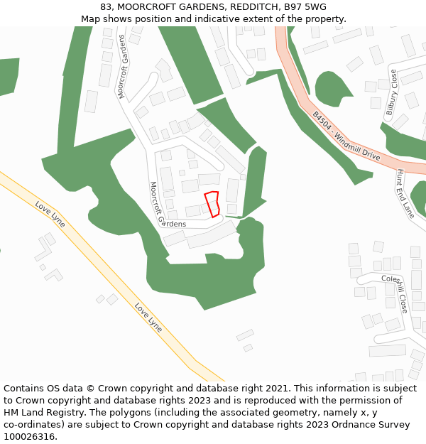 83, MOORCROFT GARDENS, REDDITCH, B97 5WG: Location map and indicative extent of plot