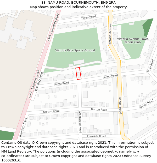 83, NAMU ROAD, BOURNEMOUTH, BH9 2RA: Location map and indicative extent of plot