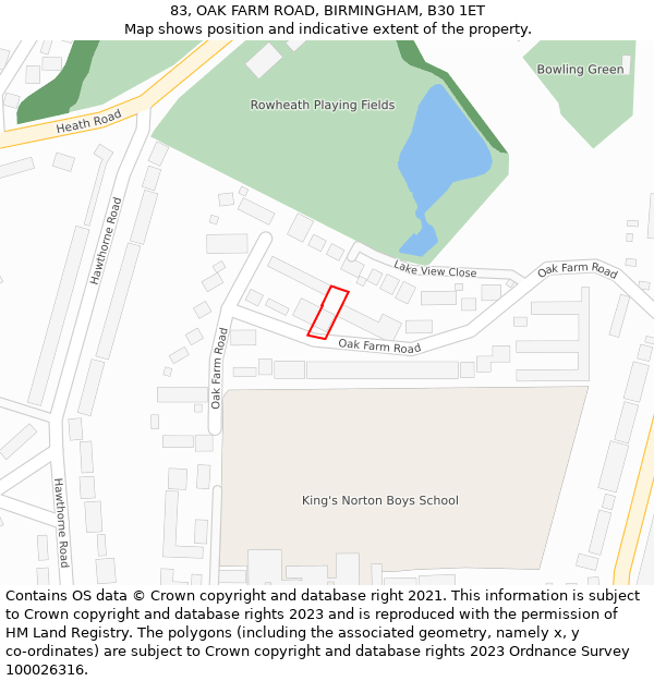 83, OAK FARM ROAD, BIRMINGHAM, B30 1ET: Location map and indicative extent of plot