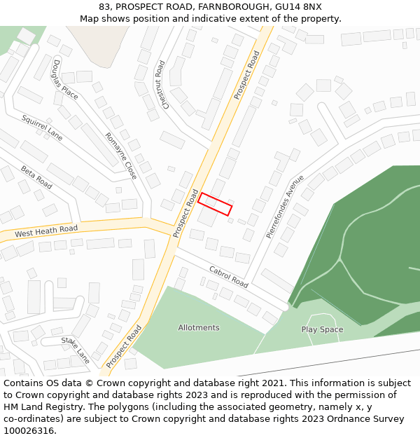 83, PROSPECT ROAD, FARNBOROUGH, GU14 8NX: Location map and indicative extent of plot