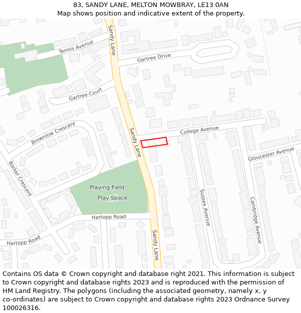 83, SANDY LANE, MELTON MOWBRAY, LE13 0AN: Location map and indicative extent of plot