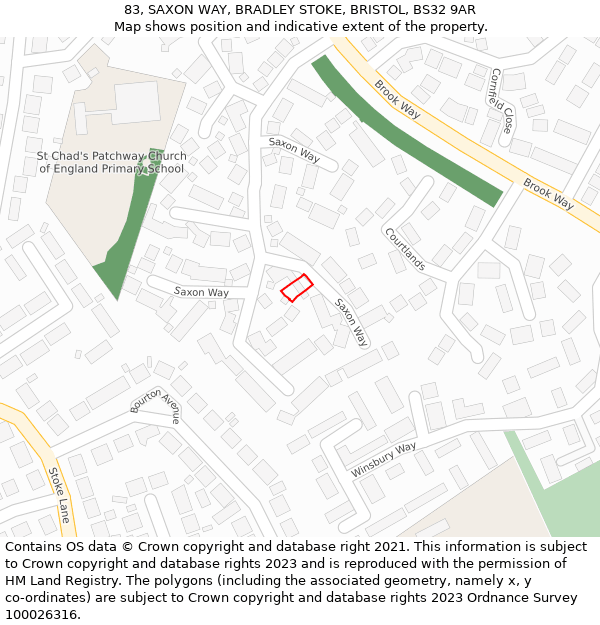 83, SAXON WAY, BRADLEY STOKE, BRISTOL, BS32 9AR: Location map and indicative extent of plot