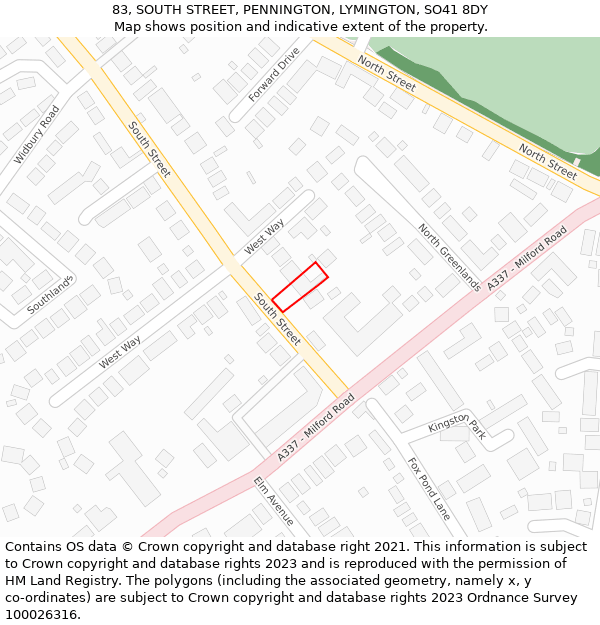 83, SOUTH STREET, PENNINGTON, LYMINGTON, SO41 8DY: Location map and indicative extent of plot