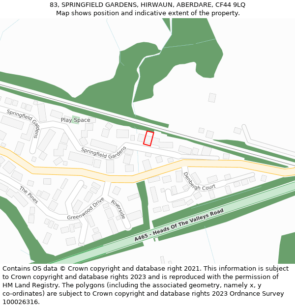 83, SPRINGFIELD GARDENS, HIRWAUN, ABERDARE, CF44 9LQ: Location map and indicative extent of plot